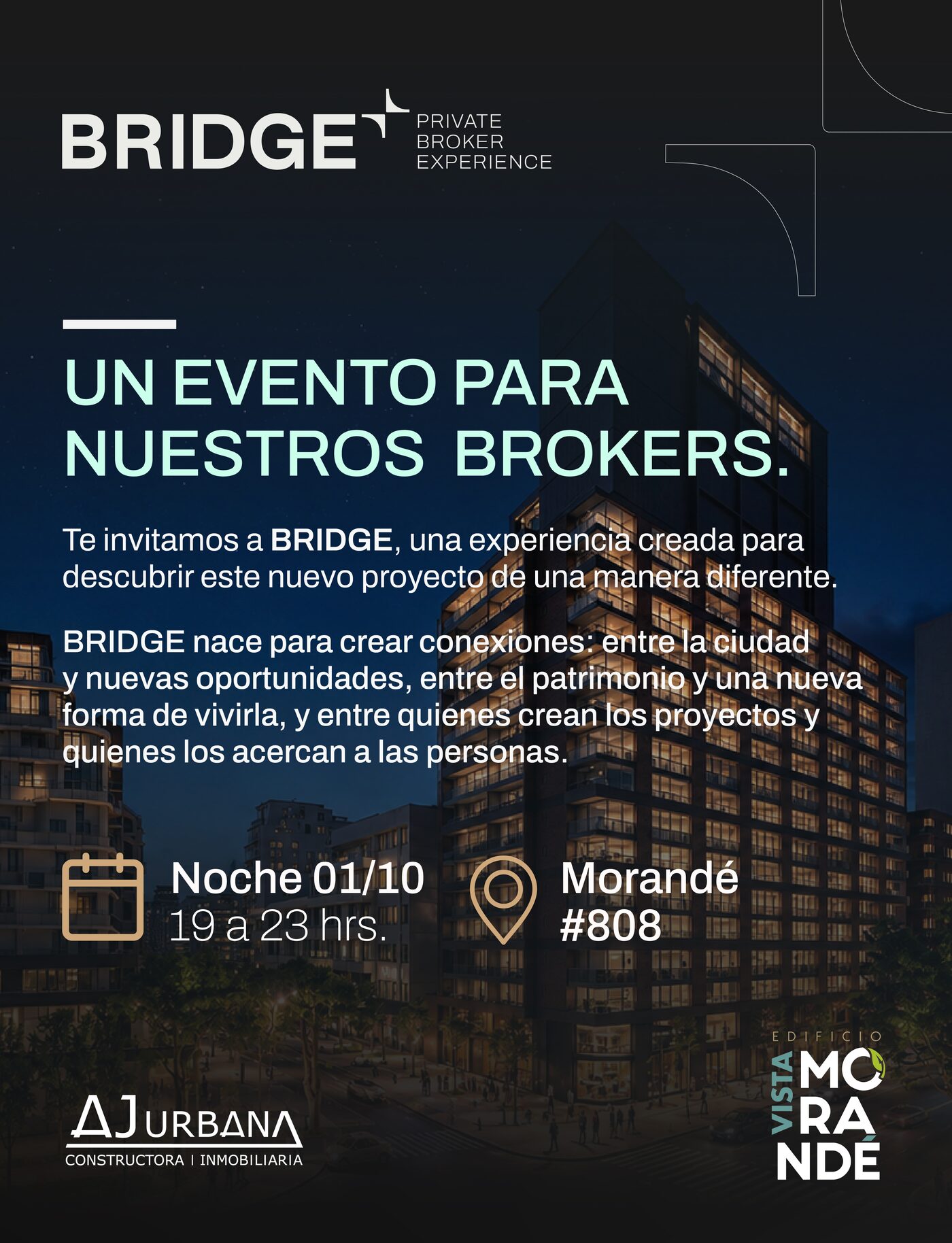 Invitación BRIDGE — Noche del 1 de octubre, 19 a 23 hrs, Morandé #808